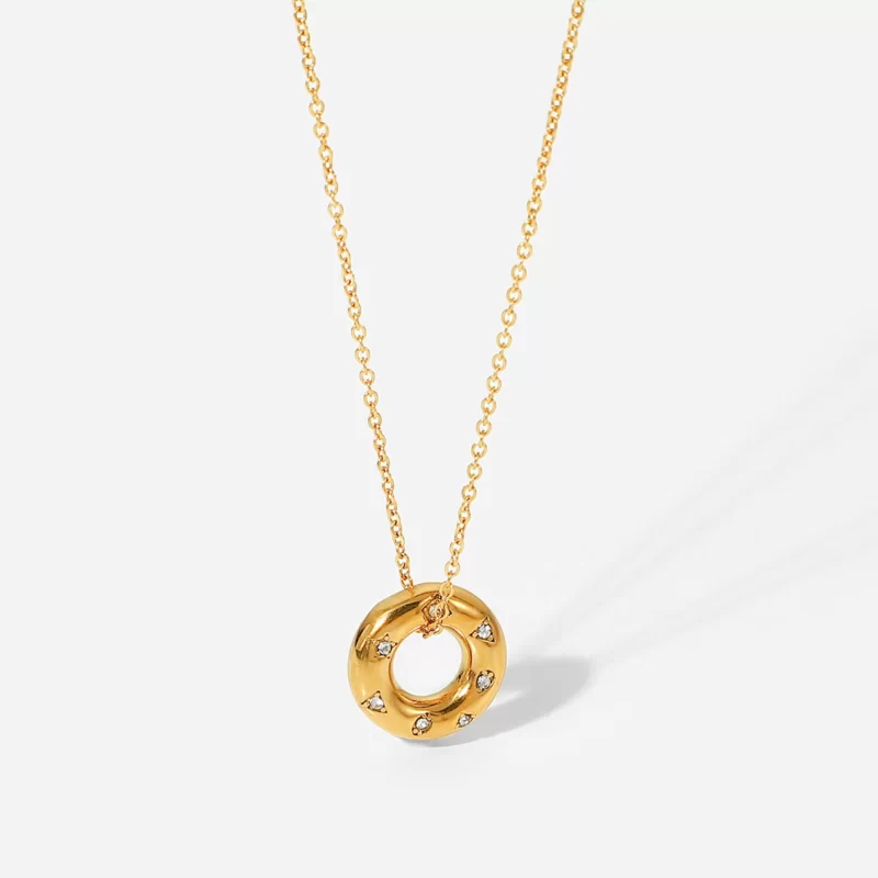 18k Gold Plated Stainless Steel Tarnish Free Cubic Zirconia Circle Hollow Pendant Necklace - Image 4