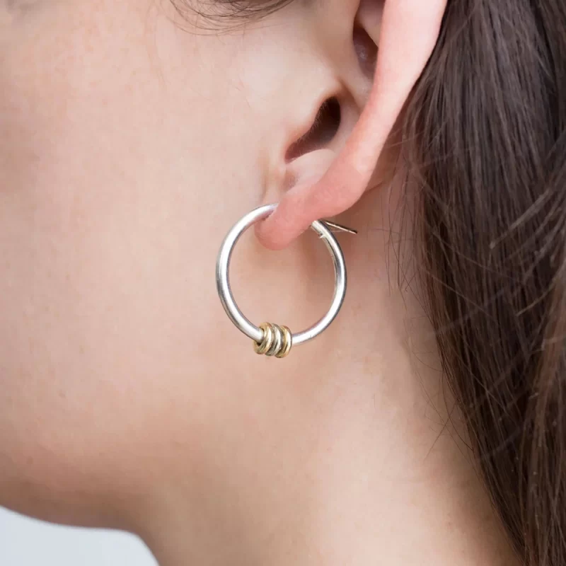 18k Gold Stainless Steel Drop Earrings Minimalist Two-Tone Hoop with Gold Loops and Trendy Diamond Pearl Stone Plating - Image 2