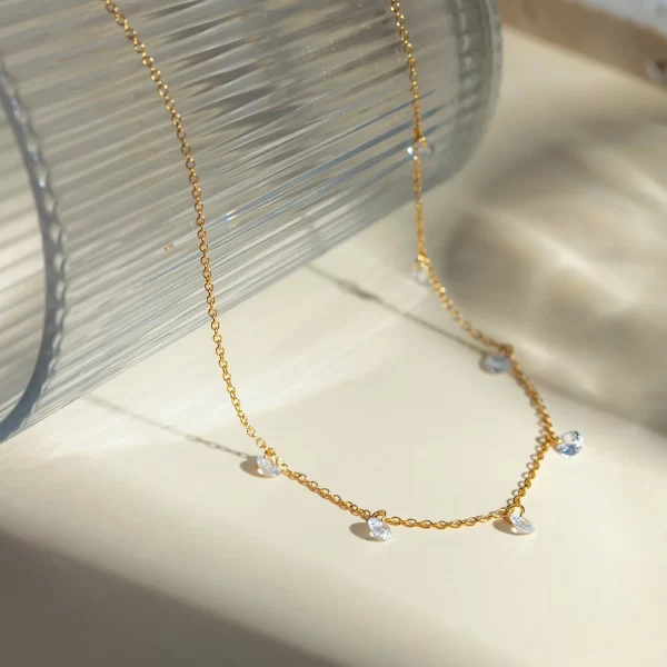 J&D Jewelry Waterproof Simple Thin Necklace Stainless Steel Link Chain Crystal Stone Drop Necklaces