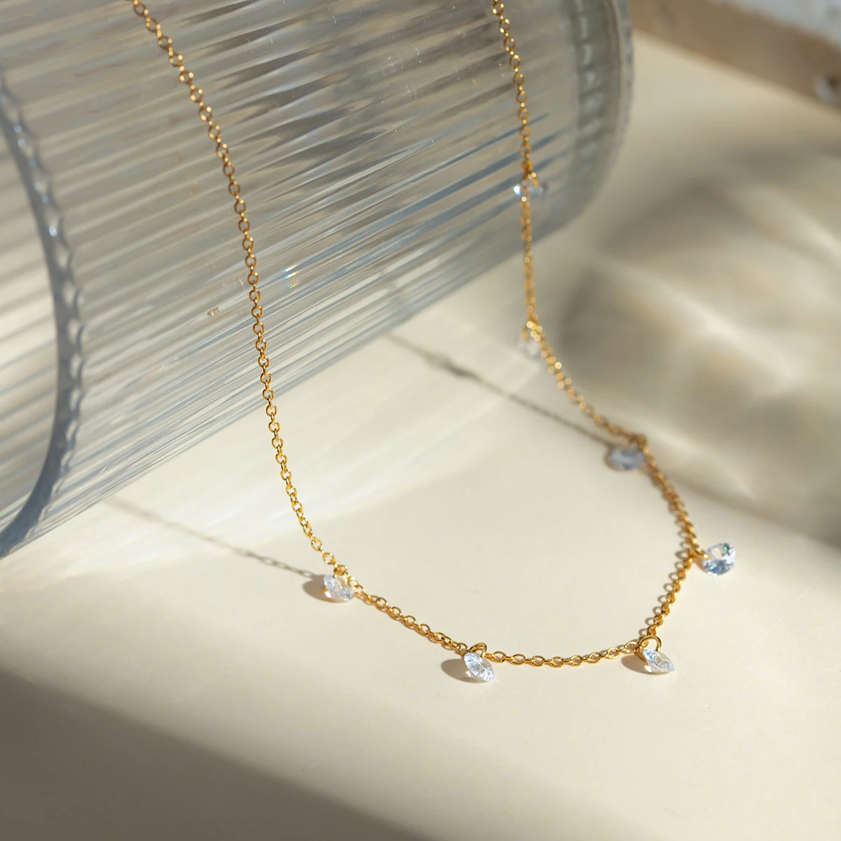 J&D Jewelry Waterproof Simple Thin Necklace Stainless Steel Link Chain Crystal Stone Drop Necklaces
