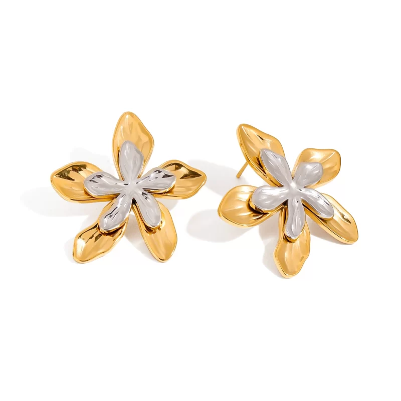 Designer Exquisite Stainless Steel Jewelry 18K Gold Two Tone Hammered Flower and Leaf Earrings