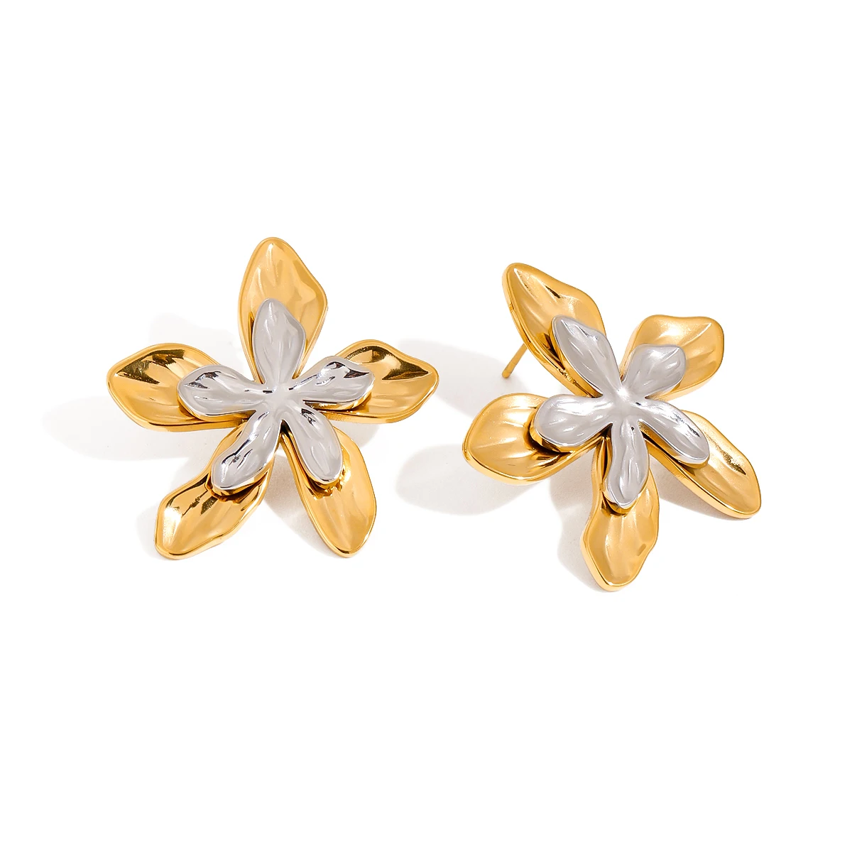 Designer Exquisite Stainless Steel Jewelry 18K Gold Two Tone Hammered Flower and Leaf Earrings