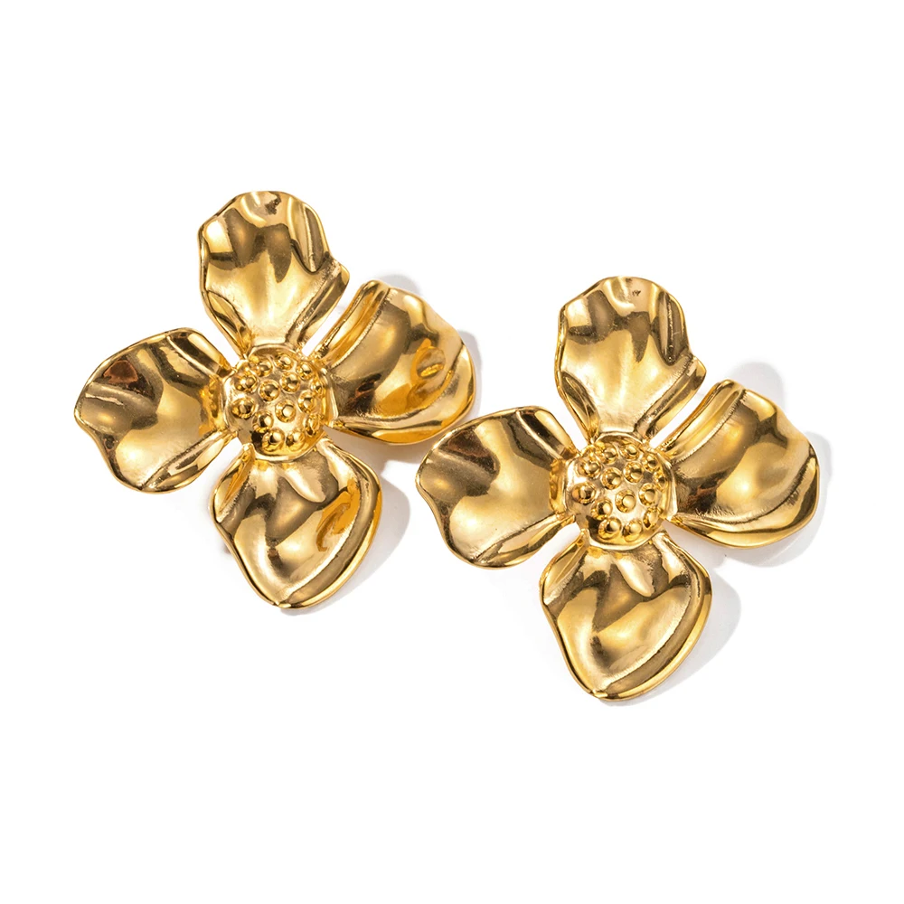 18K PVD Ins Style Unisex Stainless Steel Stud Earrings Trendy 18K Gold Plated Flower Cuff Big Earrings for Women