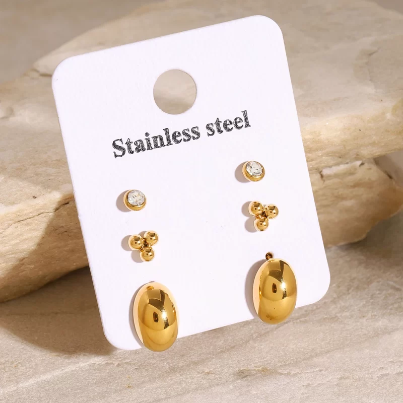 18k Gold Stainless Steel Jewelry White Zircon Hollow Oval and Steel Ball Ear Clips Set of 3 Fashion Jewelry - Image 3