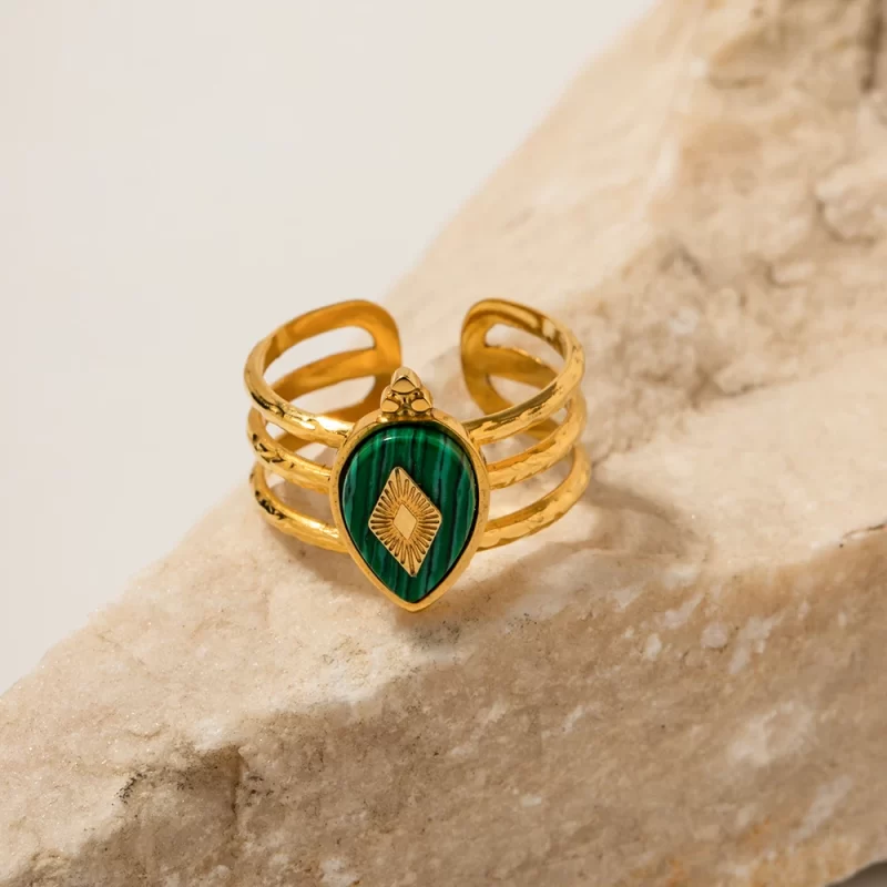 18K Gold Plated Malachite Natural Stone Exquisite Open Rings Hollow Layers Design Fashion Jewelry - Image 3