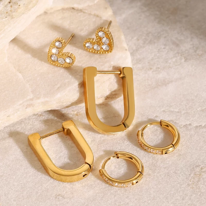 18k Gold Stainless Steel Jewelry White Heart Water Drill Ear Clips Elegant Jewelry Set of 3 Versatile Accessory - Image 4