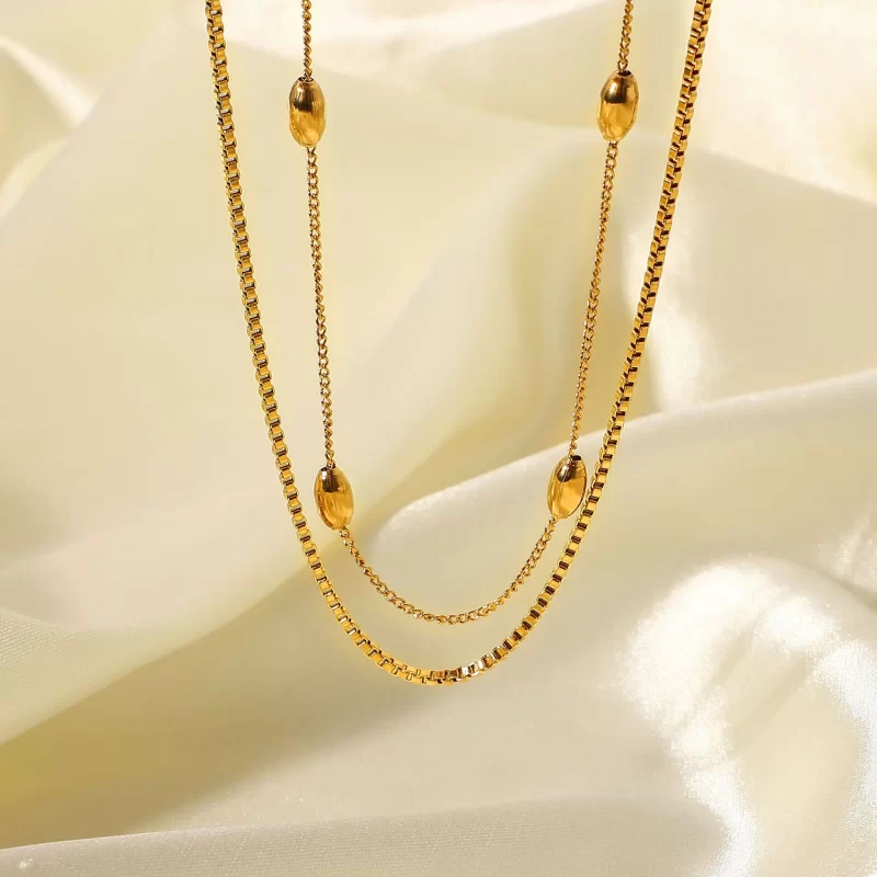 18k Gold Small Cube Collar Stainless Steel Double Layered Necklace Oval Ball Beads Chain Choker Necklace - Image 3