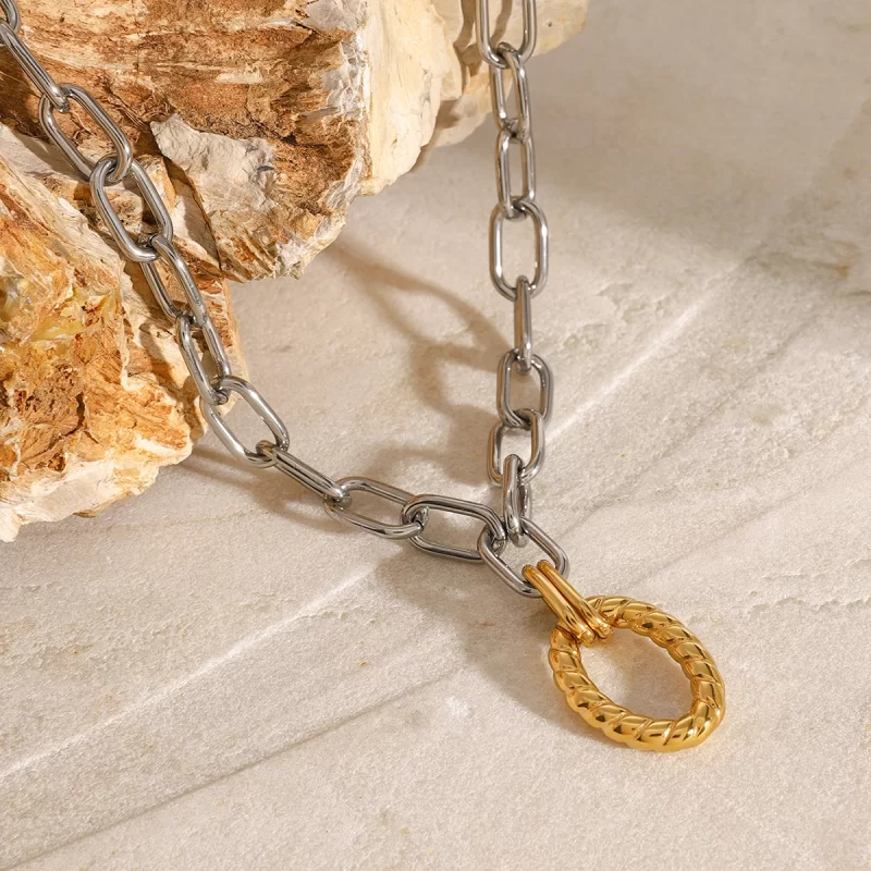 J&D 18k Gold Stainless Steel Silver and Gold Twisted Oval Hollow Circle Cross Chain Necklaces - Image 3