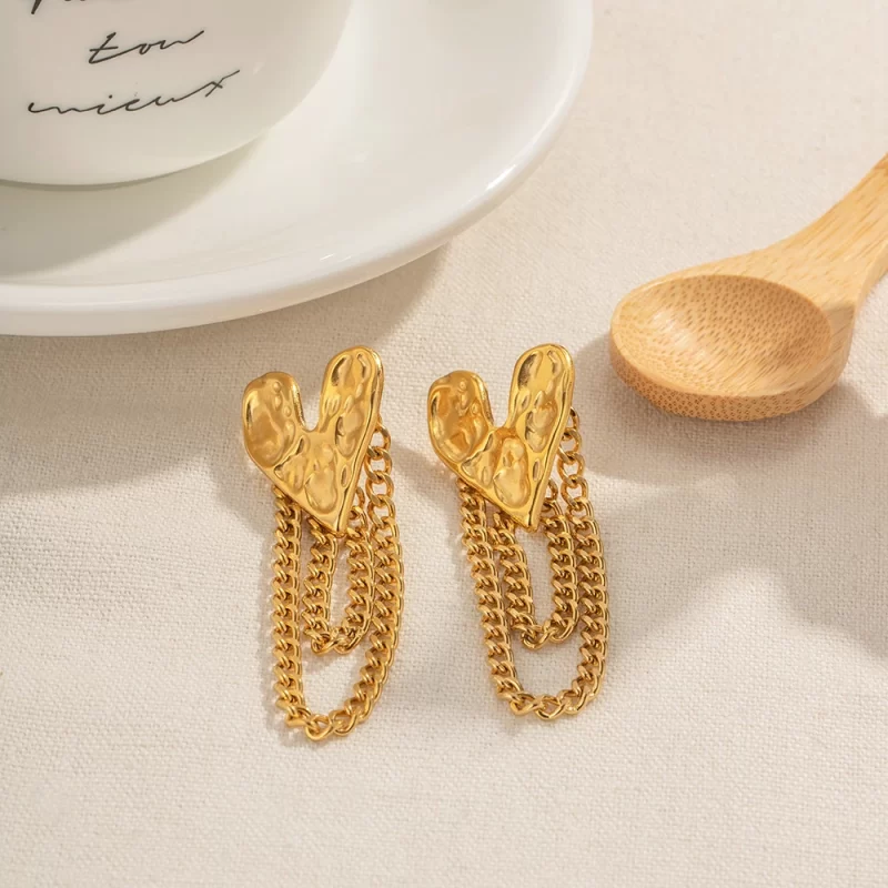 18K Gold Plated Dainty Hammer Heart Shape Earring Lava Irregular Tassel Stud Trendy Stainless Steel Stud Earring - Image 4