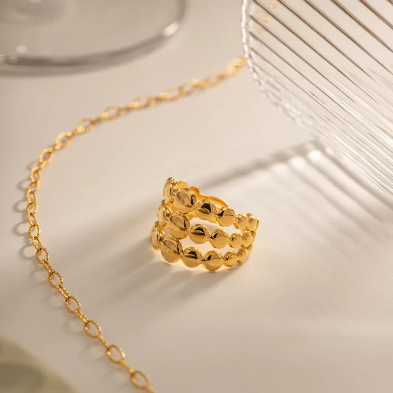 New Trendy Stainless Steel Jewelry Gift Charm 18K Gold Plated Three Layer Line Bead Chain Rings for Women - Image 3