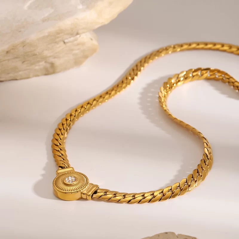 J&D 18k Gold Stainless Steel White Zircon Ribbed Round Pendant 45cm Cuban Chain Necklace Watch Chain - Image 2