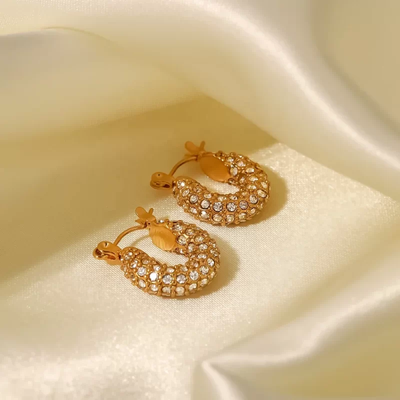 18k Gold Plated Stainless Steel Classic Hammered Shape Cubic Zirconia Hoop Earrings for Ladies - Image 4