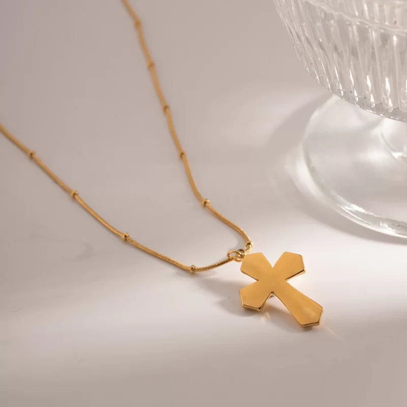 J&D Religious Stainless Steel Necklaces Gold Plated Texture Hammer Tiger's Eye Cross Pendant Necklace - Image 4
