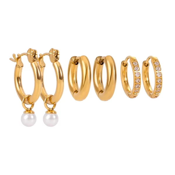 18k Gold Plate Stainless Steel Pearl and White Zircon Hoop Earrings Three Pairs Elegant Set