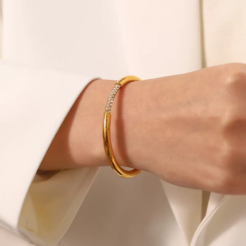 Simple 18k Gold Plated Stainless Steel Bracelet Jewelry Party Gift Opening White Cubic Zirconia Bangles - Image 2
