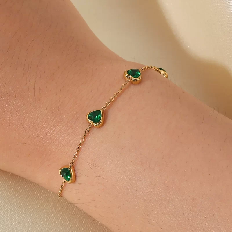 14K Gold Plated Stainless Steel Fine Chain Jewelry Gift Charm Mulit Green Heart Cubic Zirconia Bracelet - Image 2