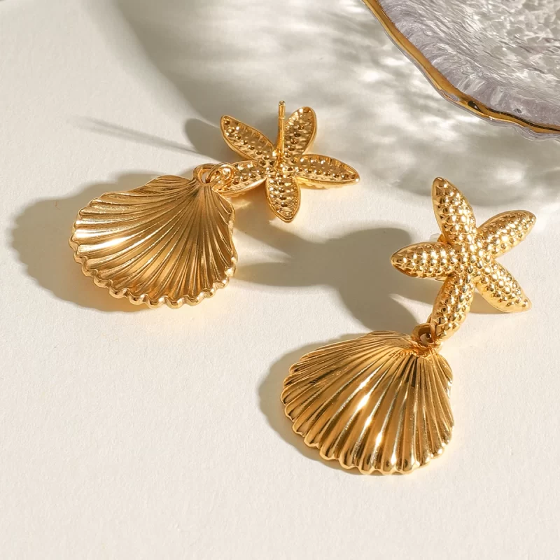 Waterproof Stainless Steel Minimalist Jewelry 18k Gold Plated  Shell Star Pendant Earrings for Women - Image 4