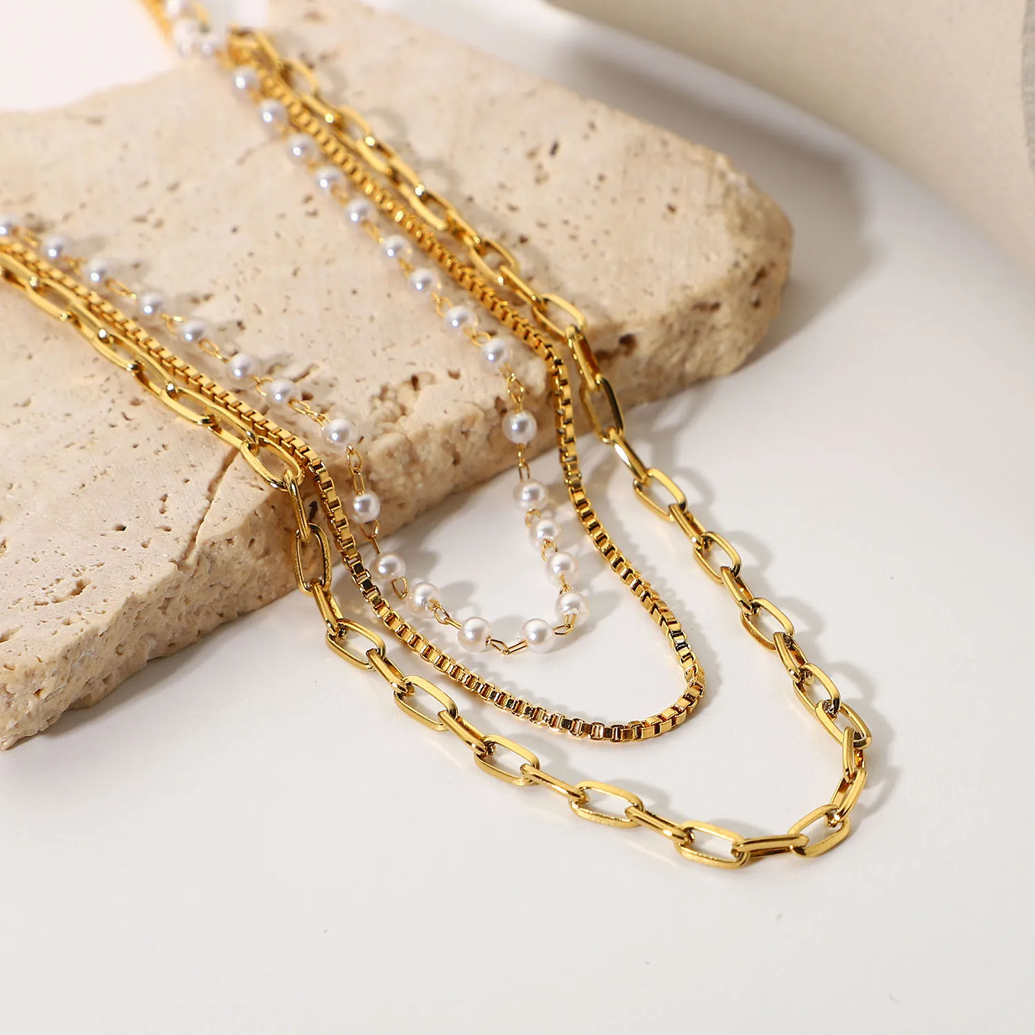 18k Gold Multi Layer Necklace Pearl Collar Summer Beach Stainless Steel Link Chain Choker Necklace