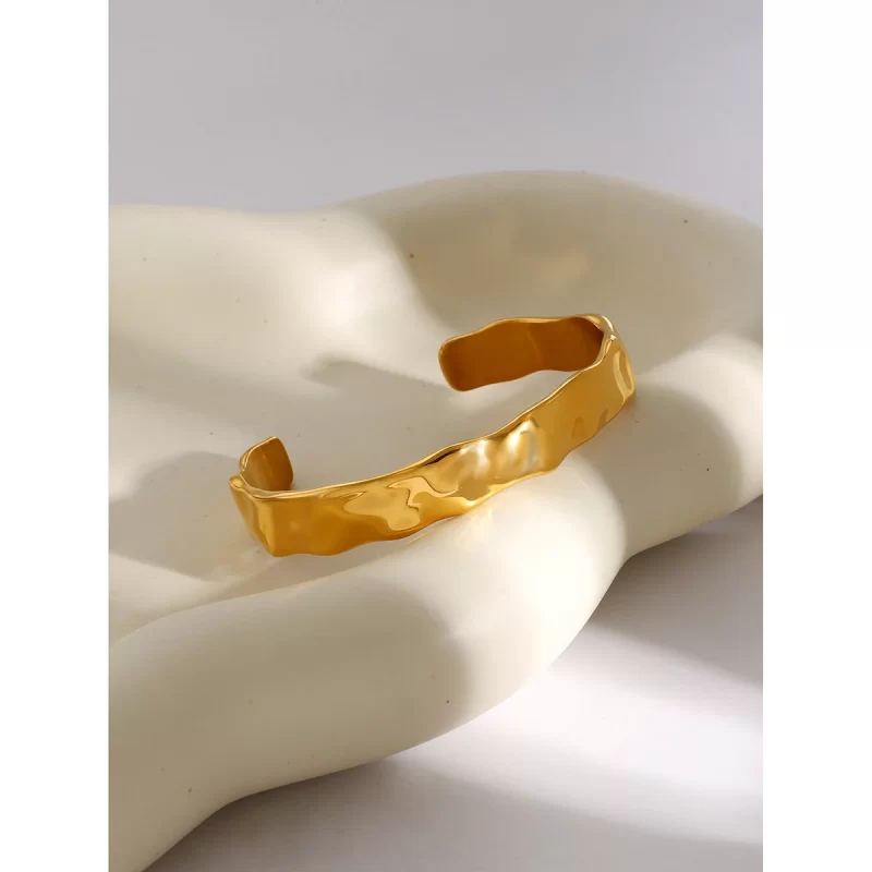 J&D 18k Gold Stainless Steel Textured Surface Open Bangle Bracelet - Image 4