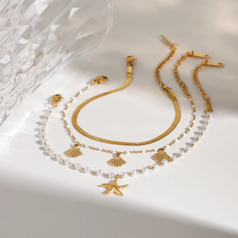 J&D Ocean Summer 18K Gold Plated Stainless Steel Bracelet Starfish Shell Pearl 3pcs/set Bracelets Holiday Wearing - Image 5