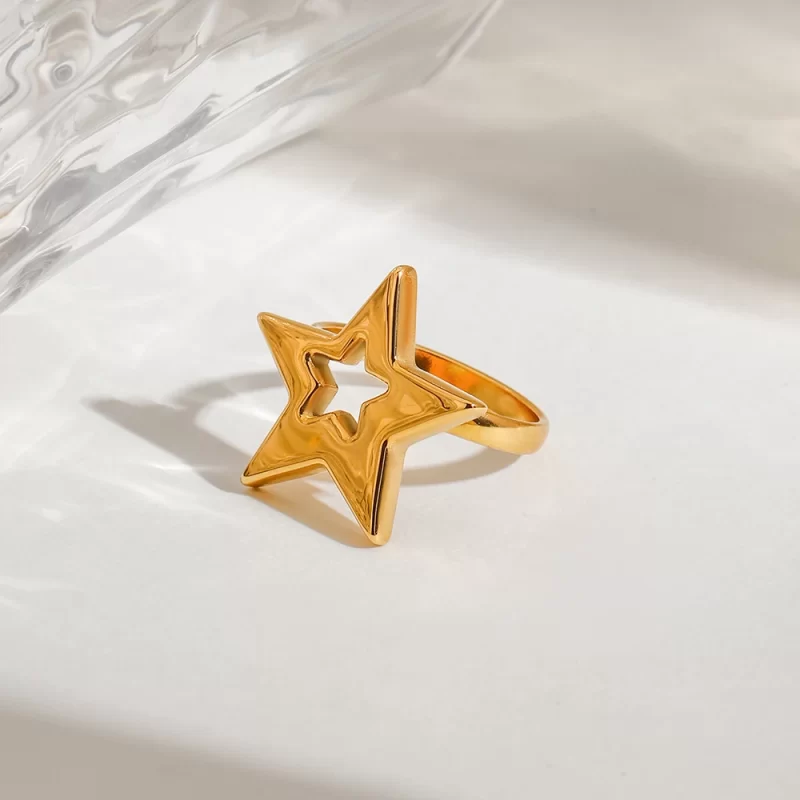 J&D Modern 18K Gold Plated Stainless Steel Open Ring Minimalist Star Hollowed High Polished Engagement Finger Ring Classic Style - Image 3
