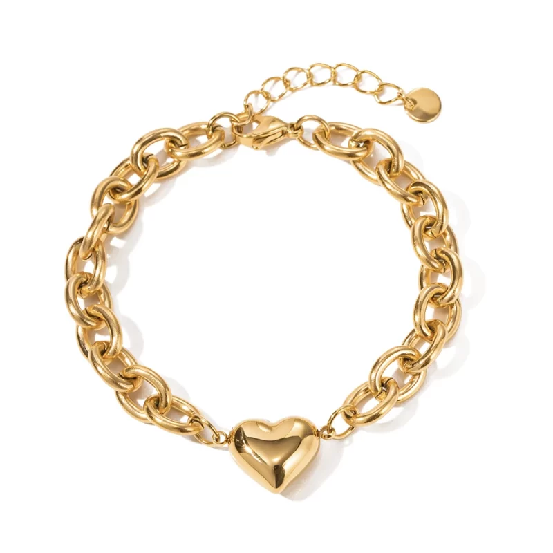 Instagram New Trendy 14K Real Gold Plated Stainless Steel Jewelry Love Heart Pendant Chain Bracelet