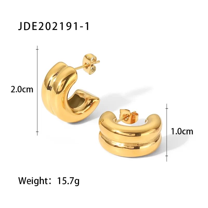 18K Gold Plated Stainless Steel Jewelry Gift Double Layer CC Shaped Chunky Earrings - Image 6