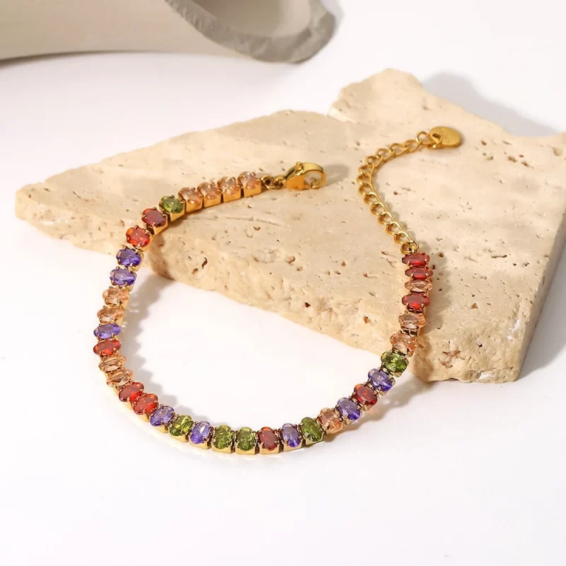 Mix Color Round Shape Zirconia Circling Setting 18K Gold Plated Stainless Steel Crystal Bracelets - Image 3