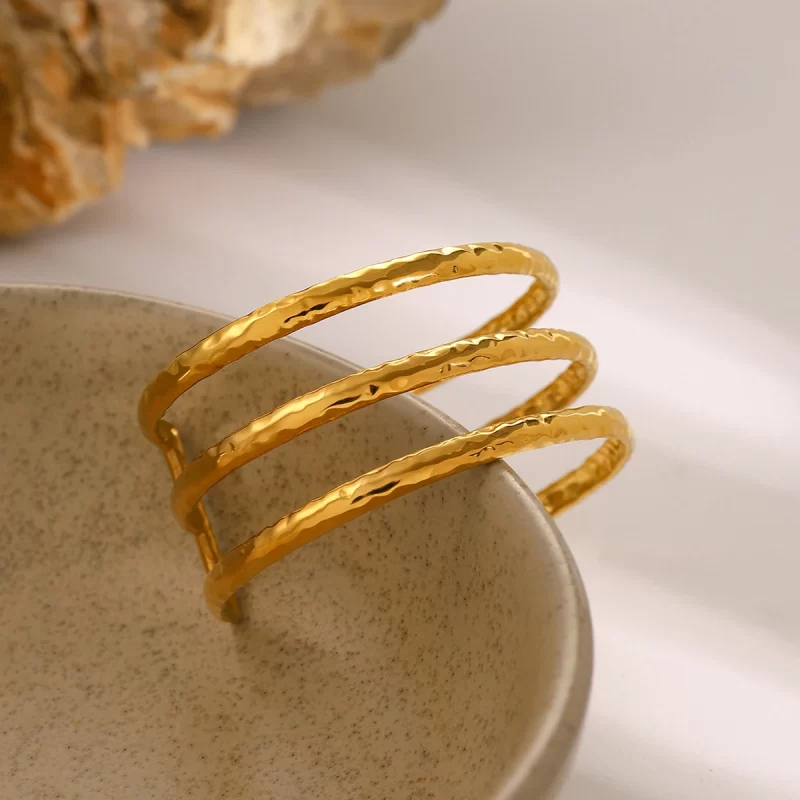 J&D Jewelry Three-layer Hammered Texture Cuff Bangle 18K PVD Gold Plated Stainless Steel Opening Bracelet - Image 5