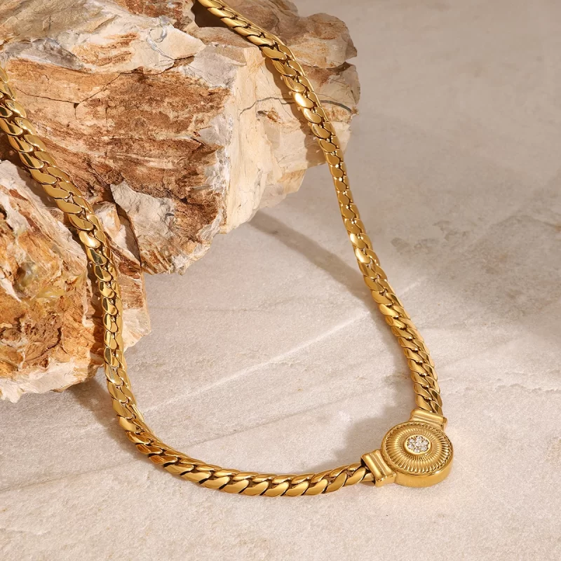 J&D 18k Gold Stainless Steel White Zircon Ribbed Round Pendant 45cm Cuban Chain Necklace Watch Chain - Image 4