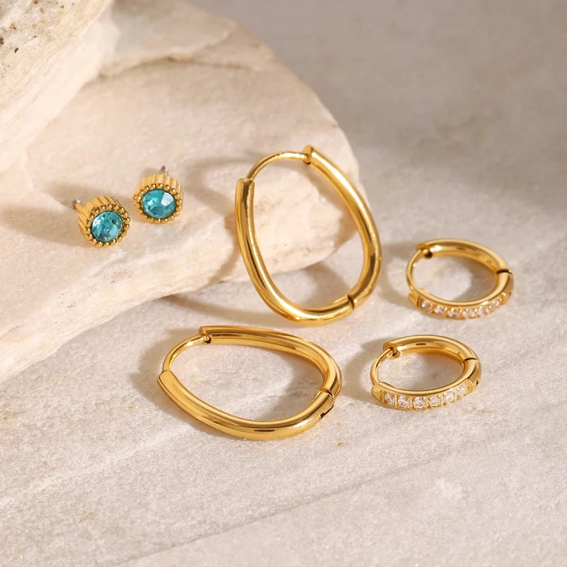 18k Gold Stainless Steel Jewelry Blue Zircon and White Water Drill Ear Clips Chic Jewelry Set of 3 Everyday Wear - Image 4