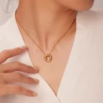 18k Gold Plated Stainless Steel Tarnish Free Cubic Zirconia Circle Hollow Pendant Necklace