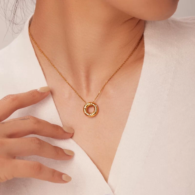 18k Gold Plated Stainless Steel Tarnish Free Cubic Zirconia Circle Hollow Pendant Necklace