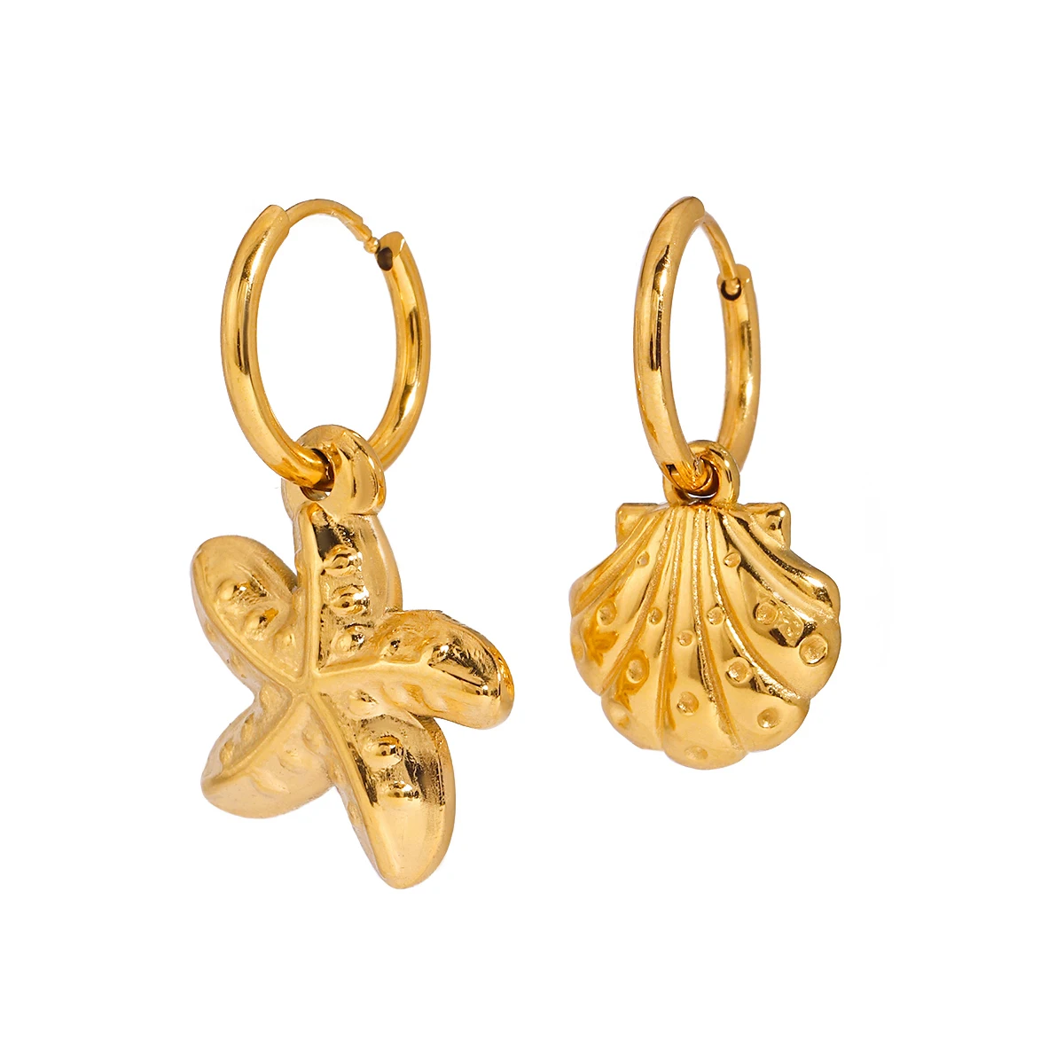 Ocean Shell Starfish Hammered Charm Holiday Beach 18K Real Gold Plated Stainless Steel Drop Earrings
