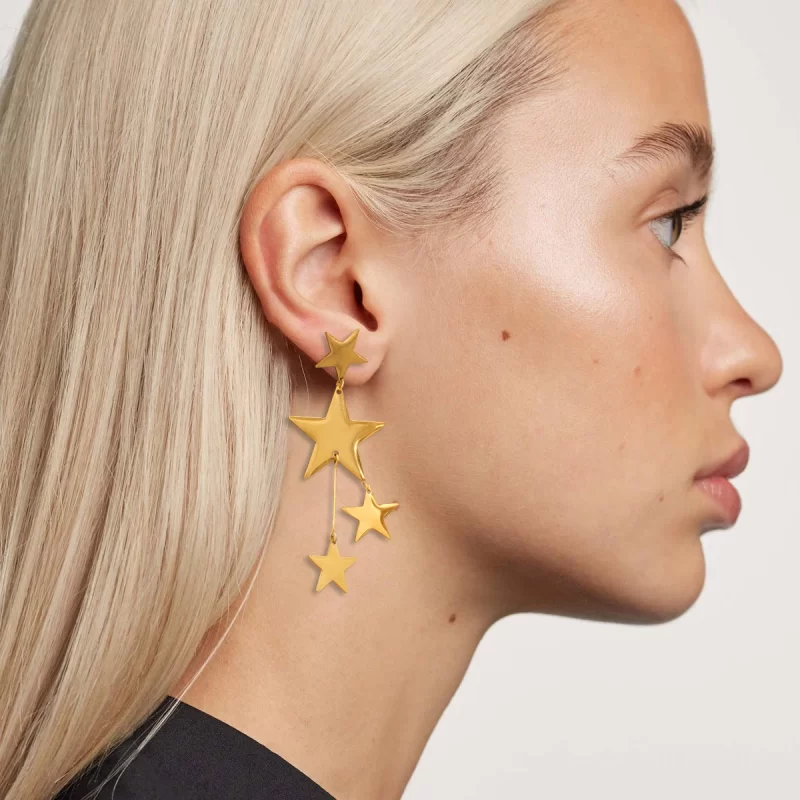 18k Gold Stainless Steel Faceted Star Tassel Earrings Contemporary Design for Women - Image 2