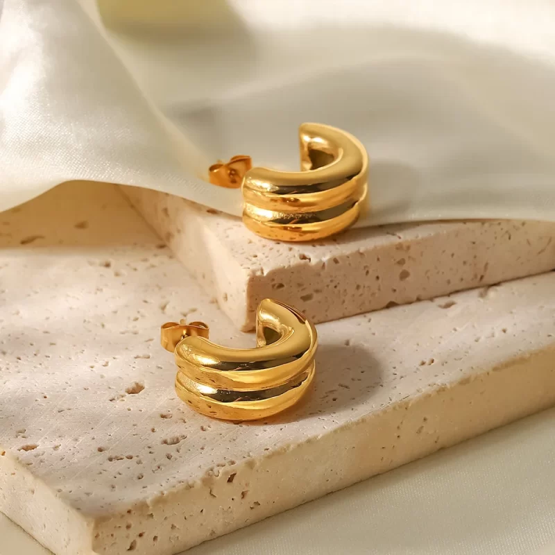 18K Gold Plated Stainless Steel Jewelry Gift Double Layer CC Shaped Chunky Earrings - Image 5