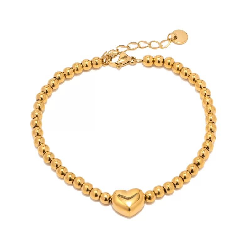 Stainless Steel 16K Gold Heart Beaded Bracelet for Girls Women