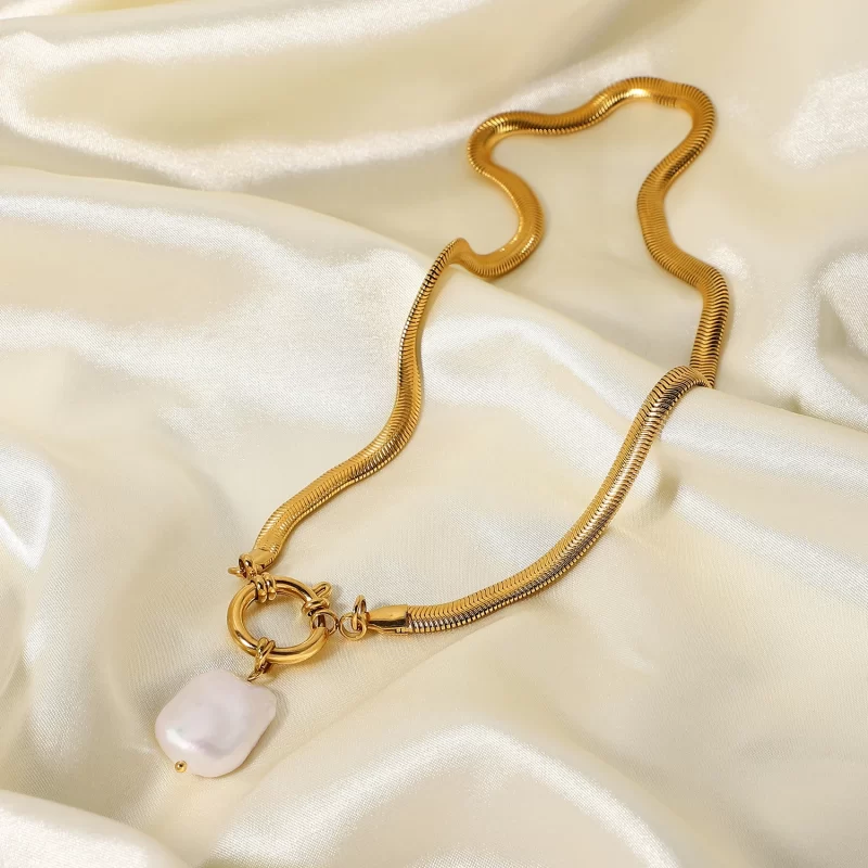18K Stainless Steel Necklaces with Square Baroque Pearl Pendant Trendy Snake Chain 5mm Choker Jewelry for Anniversaries - Image 5
