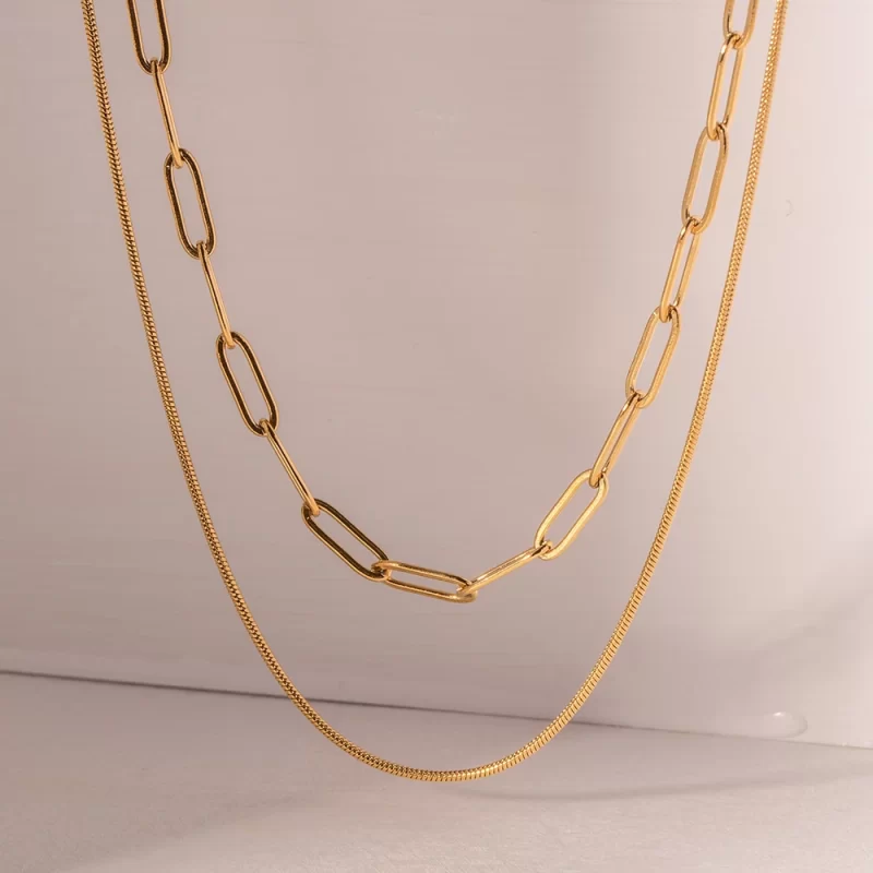 J&D Fashion Waterproof 18K Gold Stainless Steel Jewelry Gift Double Layer Mulit Link Chain Choker Simple Necklace for Women - Image 4