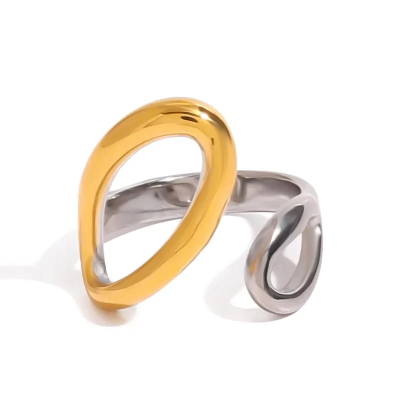 J&D Modern Minimalist Adjustable Hollow Open Ring 18K Gold Stainless Steel Two-Tone Color Jewelry