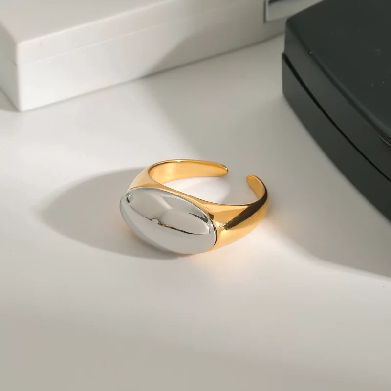 J&D 18K Gold Stainless Steel Modern Minimalist Chic Adjustable Jewelry Two-Tone Polished Oval Open Ring - Image 3