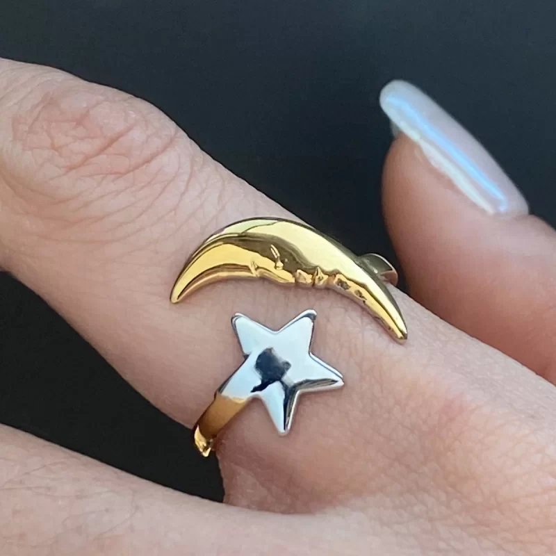 J&D 18k Gold Plate Stainless Steel Trendy Minimalist Moon Star Ring Resizable Jewelry Adjustable Ring - Image 2