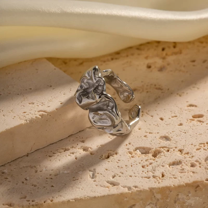 Luxury Silver Color High Polish Waterproof Stainless Steel Lava Irregular Opening Ring for Girls - Image 3