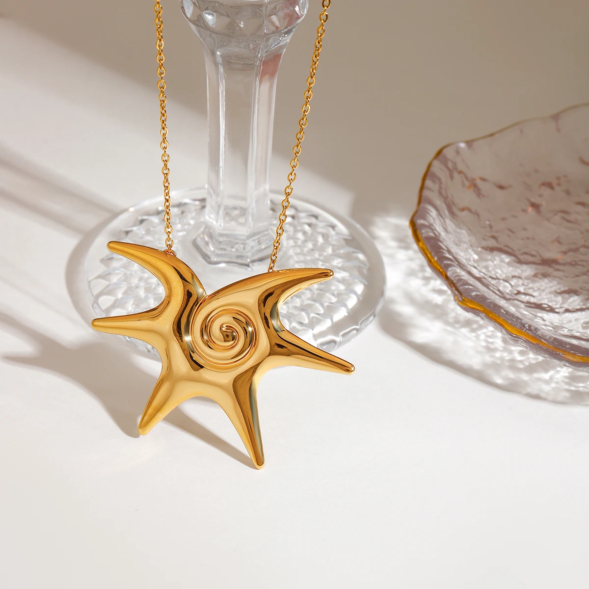 J&D Classic Stainless Steel Starfish Spiral Pendant Necklace 18K Gold Plated for Anniversary Gifts