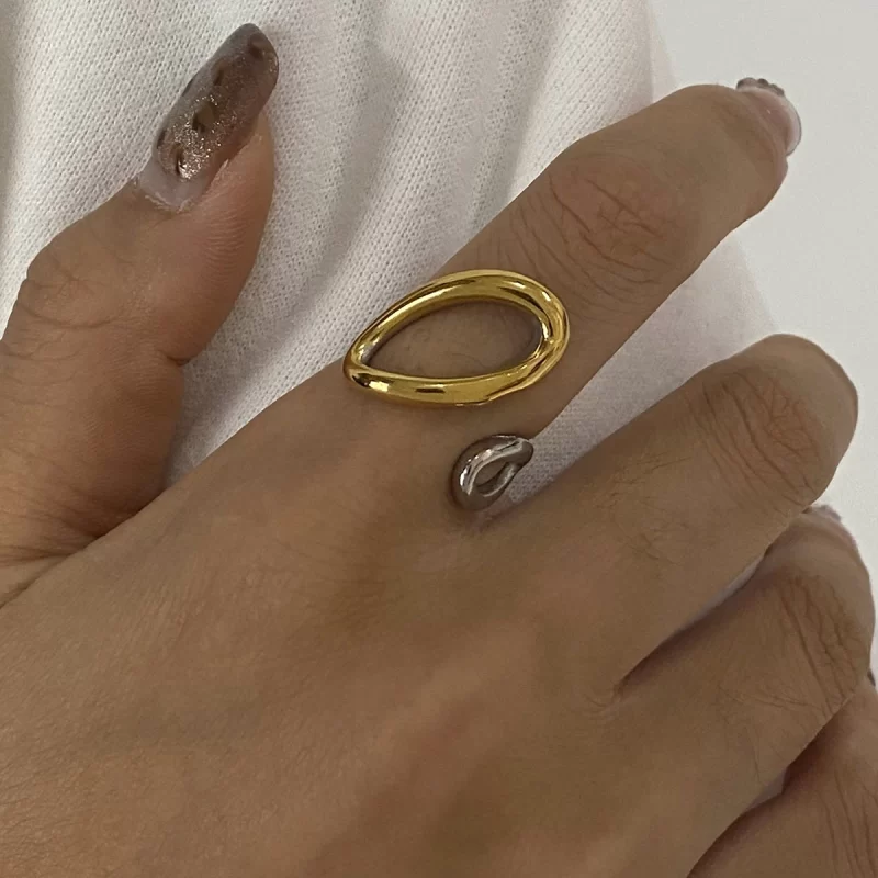 J&D Modern Minimalist Adjustable Hollow Open Ring 18K Gold Stainless Steel Two-Tone Color Jewelry - Image 3