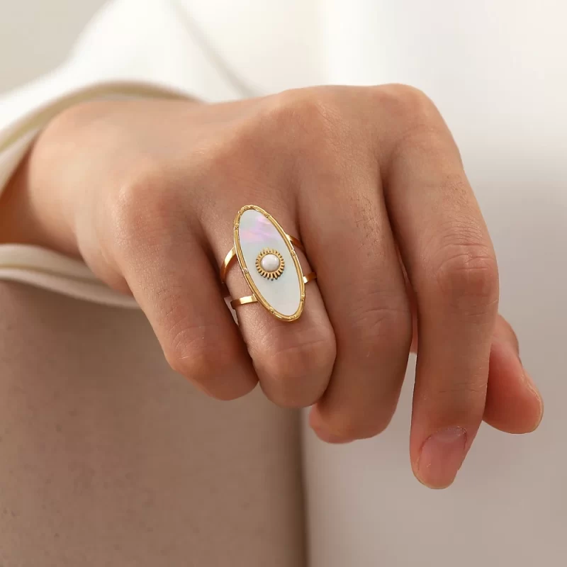 Oval Round Natural Shell Pearl 18K PVD Gold Plated Stainless Steel Opening Rings Women Jewelry - Image 2