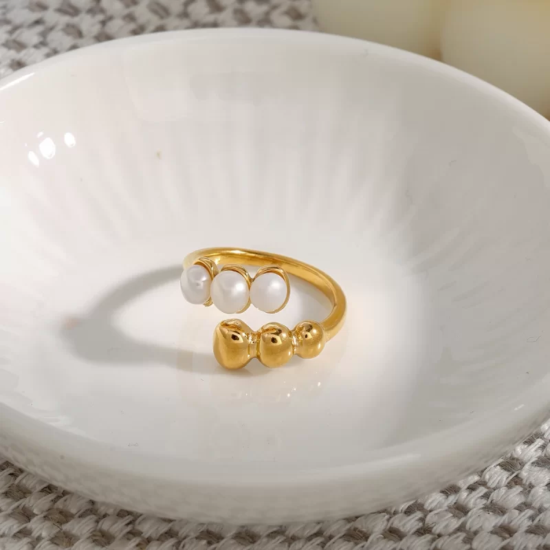 J&D 18K Gold Stainless Steel Elegant Adjustable Statement Jewelry Freshwater Pearl Beaded Open Ring - Image 3