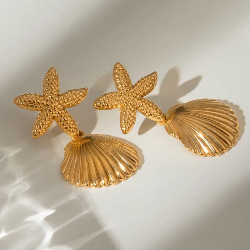 Waterproof Stainless Steel Minimalist Jewelry 18k Gold Plated  Shell Star Pendant Earrings for Women - Image 3