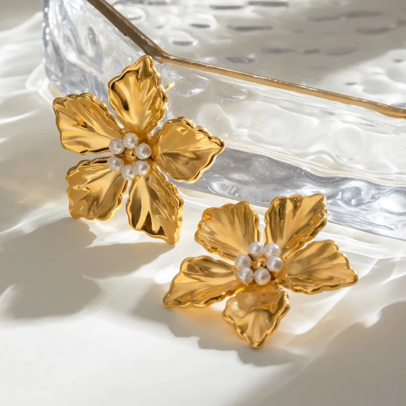8k Gold Stainless Steel Faux Pearl Flower Earrings with Delicate Design Chic Everyday Wear Party Fashion Jewelry - Image 3