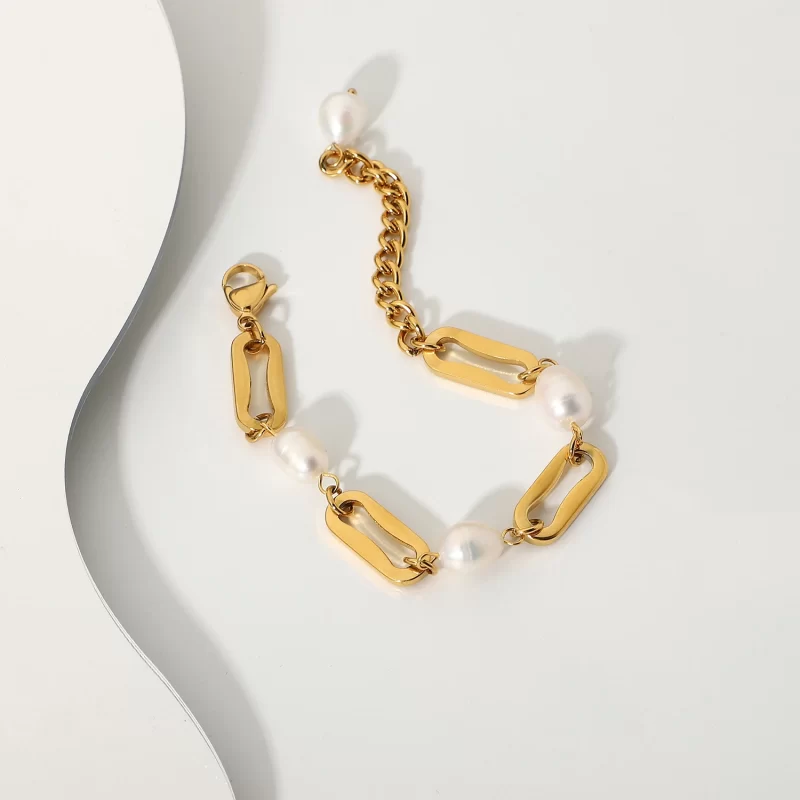18K Gold Plated Stainless Steel Baroque Freshwater Pearl Bracelets Rectangular Link Chain Bracelet - Image 5